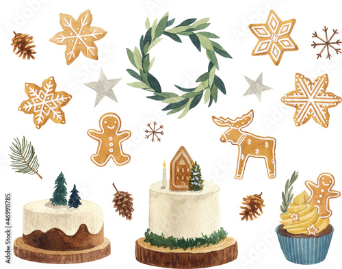 Set of watercolor christmas baking for Christmas or New Year's decor. Scandinavian winter elements, Hygge concept design. Christmas wreath, cakes, cupcakes, gingerbread man and snowflakes, pine cones.