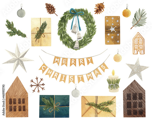 Scandinavian winter elements and Hygge concept design. Set of watercolor elements for Christmas or New Year's decor. Christmas wreath, fir branche, candle, stars, wooden houses, gifts. Christmas mood