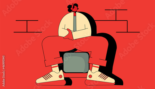 flat style vector illustration of a flat female character sitting on the old style TV set against the red brick wall. Rapper, hip-hop girl in sneakers and headphones