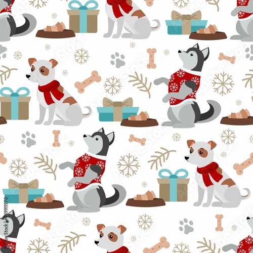 Christmas and New Year seamless pattern with dogs. Vector illustration.