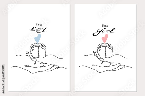 It's a boy or It's a girl. Vector one line art illustrations of a new born baby heels, mother and father holding a new born baby