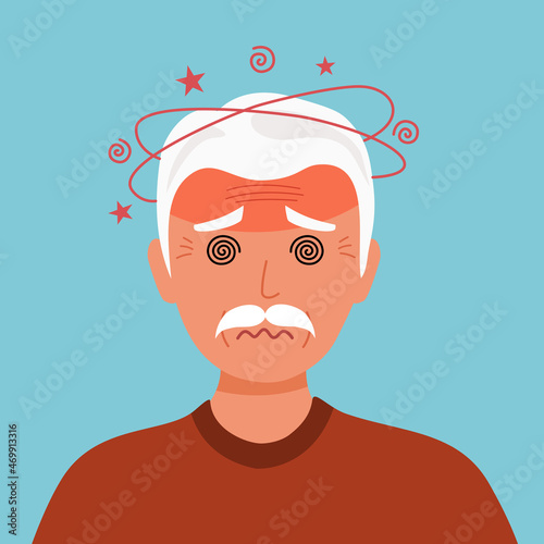 Senior man having dizzy symptom in flat design. Old man feeling vertigo or fainting. Dizziness illness.