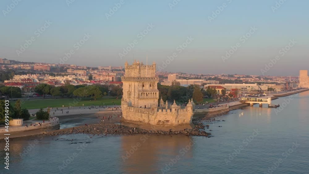 Lisbon, Portugal, aerial view of Belem Tower, Torre de Belem. By the Tagus river at sunset, yachts and boats on the river Lisbon, Portugal, aerial view of Belem Tower, Torre de Belem. By the Tagus river at sunset, yachts and boats on the river