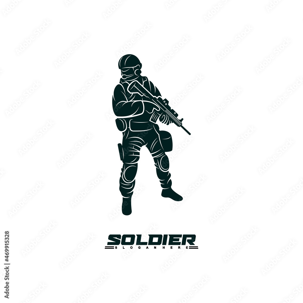 Silhouette soldier with carrying firearm vector illustration. abstract design template