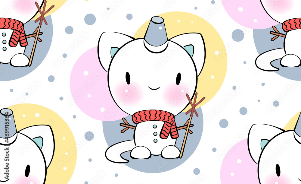 Seamless ornament with cute cat snowman in kawaii style. Vector pattern. Merry Christmas cats.