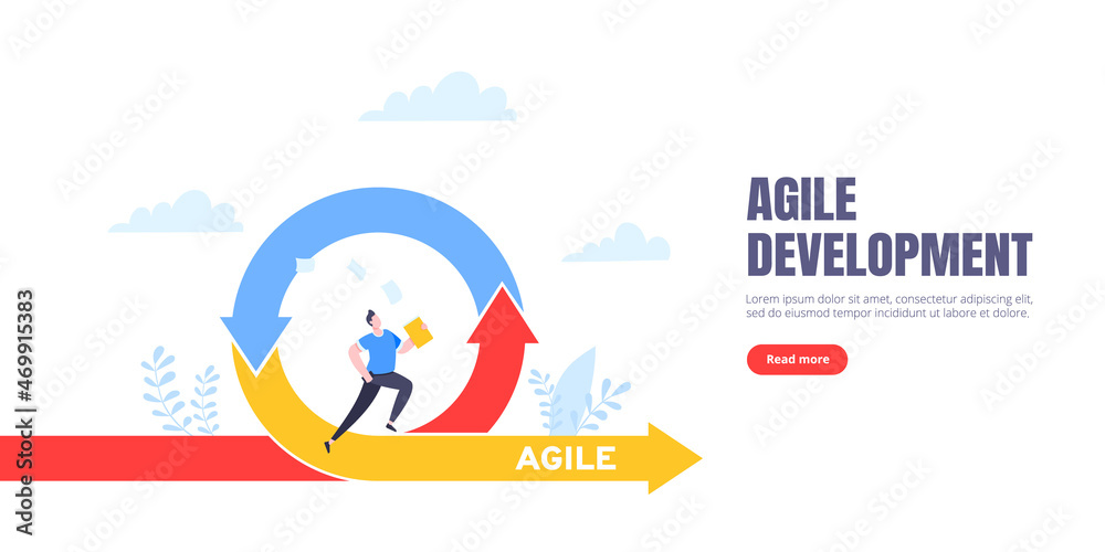 Agile development methodology business concept flat style design vector illustration isolated on white background. Agile life cycle for software development diagram. Business person run into project. Agile development methodology business concept flat style design vector illustration isolated on white background. Agile life cycle for software development diagram. Business person run into project.