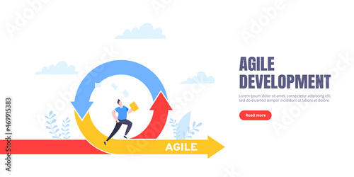 Agile development methodology business concept flat style design vector illustration isolated on white background. Agile life cycle for software development diagram. Business person run into project.