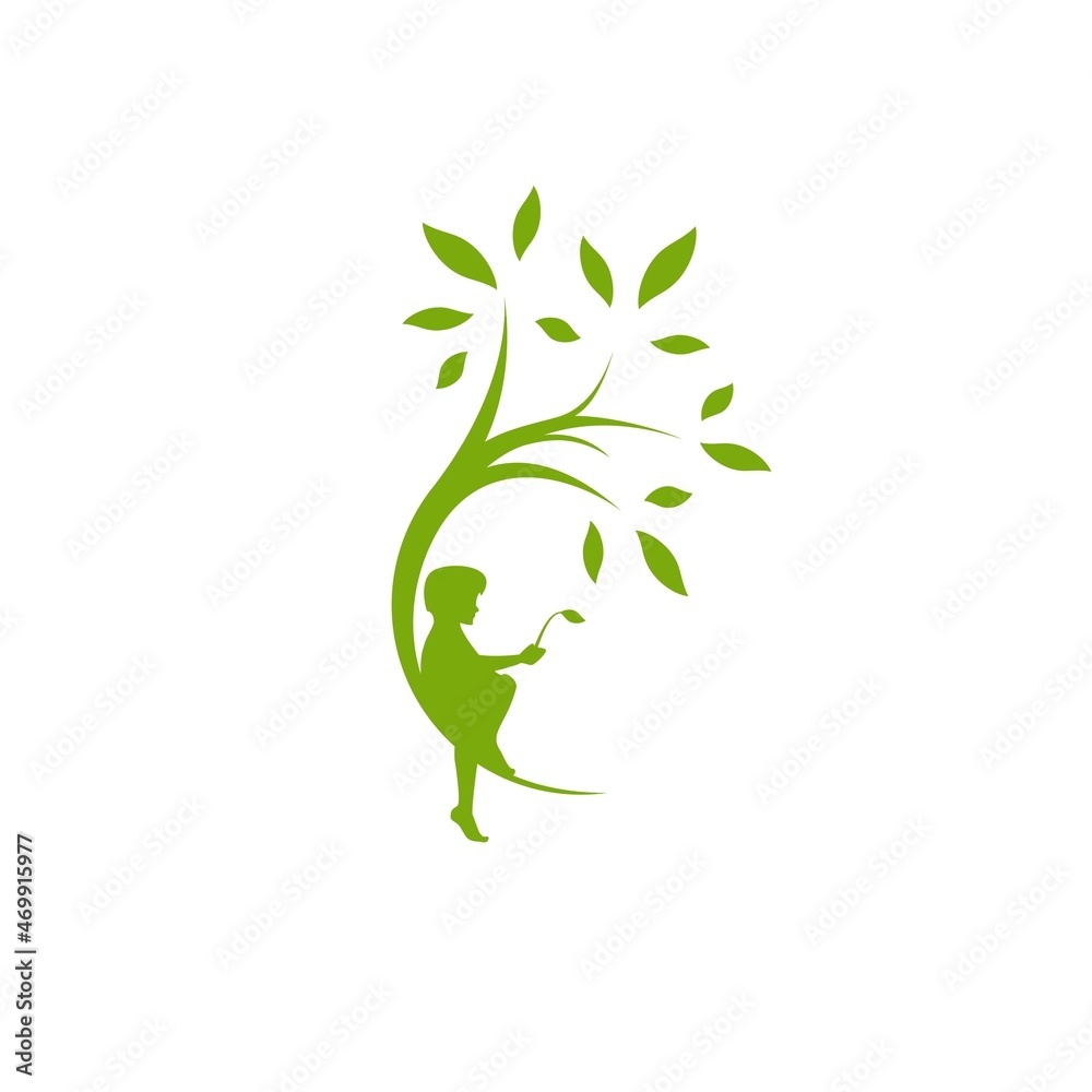 Green curved tree with leaves and child with sprout. Round border with boy. Green curved tree with leaves and child with sprout. Round border with boy.