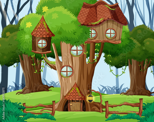 Fantasy forest scene with tree houses