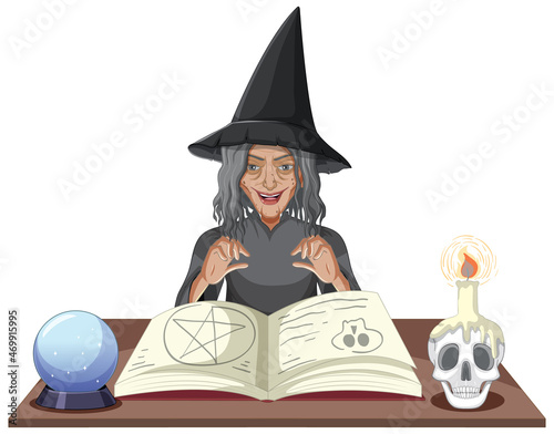 Wicked old witch with magic spell book