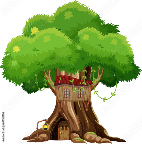 Fantasy tree house inside tree trunk on white background
