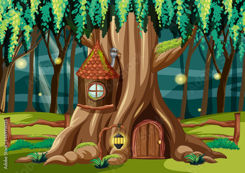 Forest scene with tree house inside the tree trunk