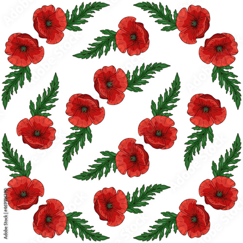 Seamless pattern with red poppy flowers. Papaver. Green stems and leaves. Hand drawn vector illustration. On white background.