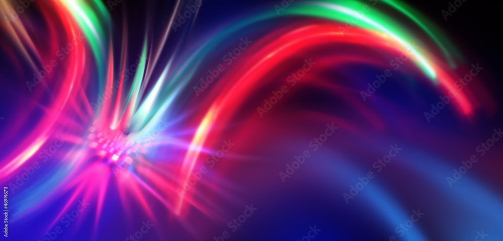 Bright abstract blurred background with bokeh. Blurred lights, neon glowing lines on a dark background. Bright abstract blurred background with bokeh. Blurred lights, neon glowing lines on a dark background.