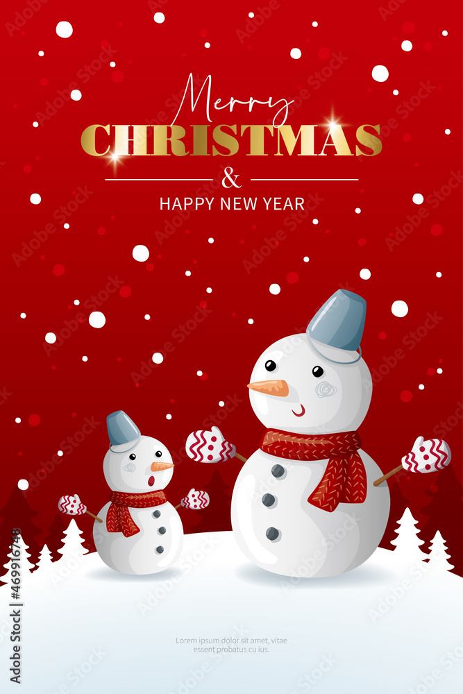 Christmas celebrations with snowmen on red background. Merry Christmas illustration for banner, flyer, greeting card, poster and advertisement.
