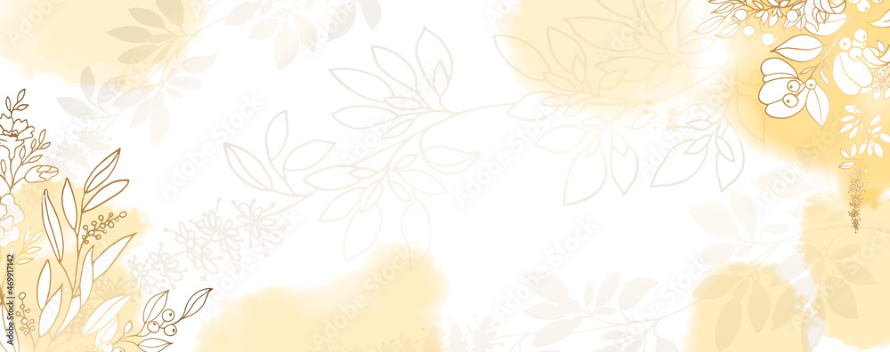 Luxurious golden wallpaper. Banner with flowers. Watercolor gold, yellow,  beige spots on a white background. Shiny flowers and twigs. Vector file.  Stock Vector | Adobe Stock