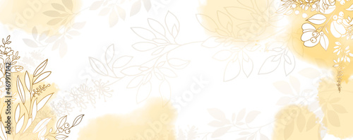 Luxurious golden wallpaper. Banner with flowers. Watercolor gold, yellow, beige spots on a white background. Shiny flowers and twigs. Vector file.