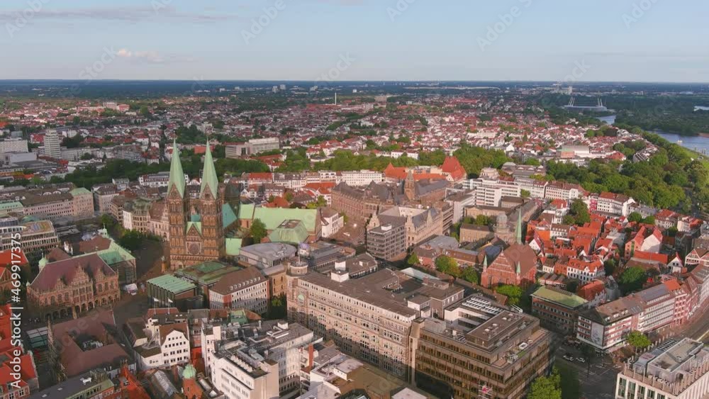 Bremen: Aerial view of city in Germany, historic center with cathedral St. Petri Dom Bremen in summer - landscape panorama of Europe from above Bremen: Aerial view of city in Germany, historic center with cathedral St. Petri Dom Bremen in summer - landscape panorama of Europe from above