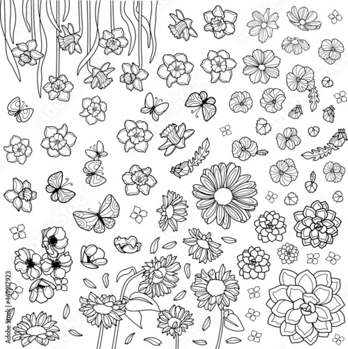 Coloring page for children and adults. Big flower set