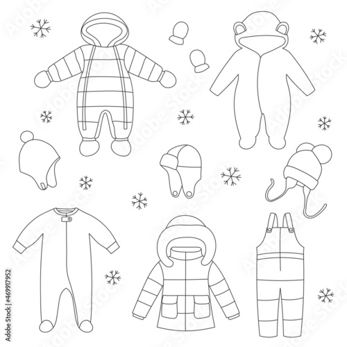 Set of line art baby winter clothes. Winter coat, overalls, snow suit, jumpsuit, hats and mittens. Doodle style. Isolated vector illustration.