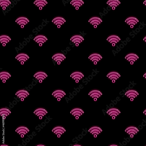 Neon wi-fi sign seamless pattern with pink icons on black background. Network, wireless, wifi zone concept. Vector 10 EPS illustration.