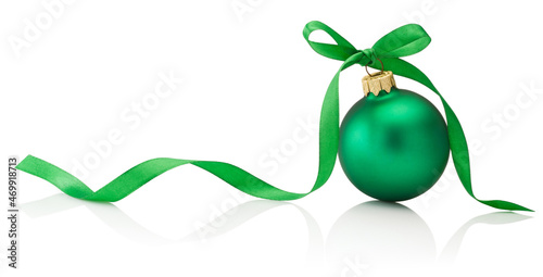 Christmas green bauble with ribbon bow isolated on white background photo