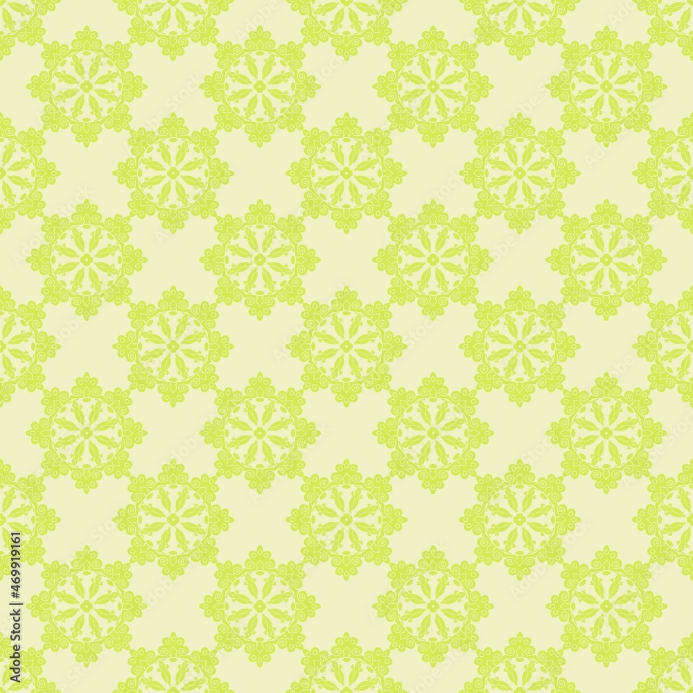 light green round decorative ornament on a golden background. monochrome seamless pattern. template, cover, print.