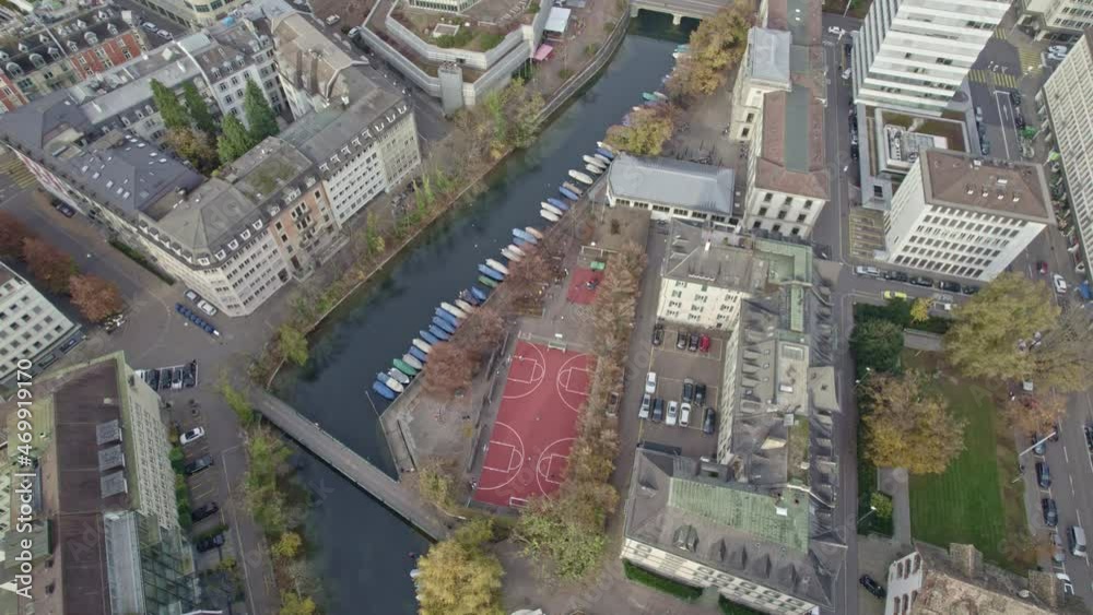 Bird perspective of City of Zürich on a cloudy autumn morning. Movie shot November 13th, 2021, Zurich, Switzerland. Bird perspective of City of Zürich on a cloudy autumn morning. Movie shot November 13th, 2021, Zurich, Switzerland.