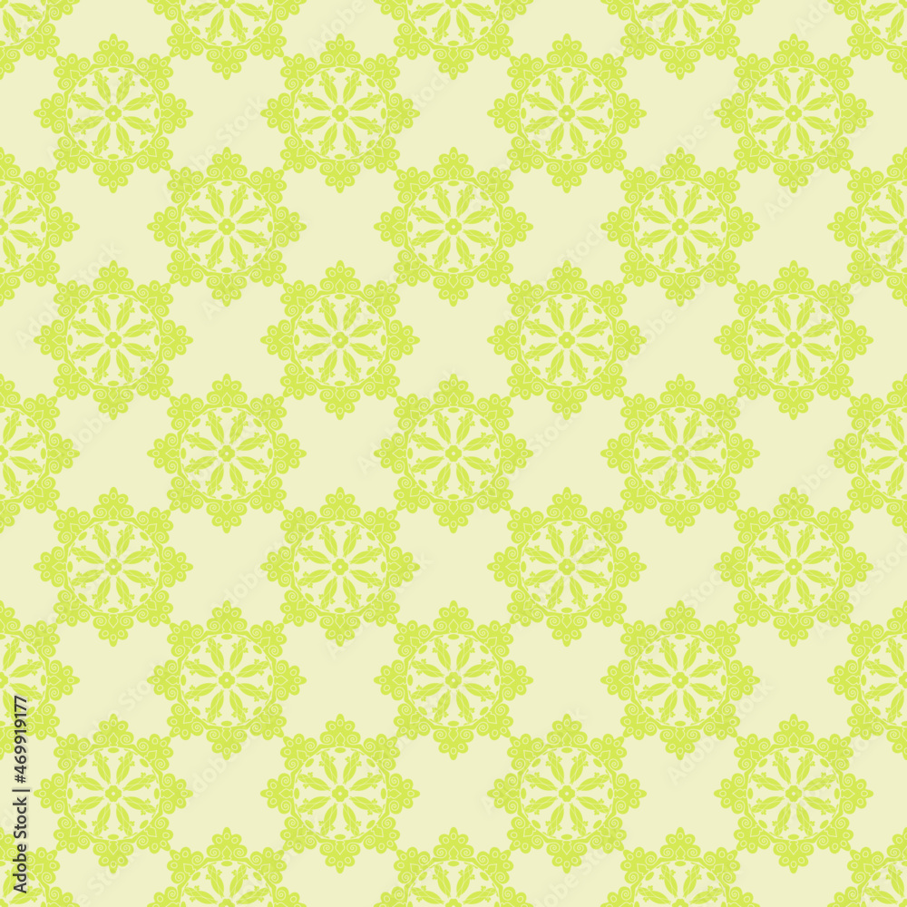 light green round decorative ornament on a golden background. monochrome seamless pattern. template, cover, print. light green round decorative ornament on a golden background. monochrome seamless pattern. template, cover, print.