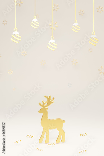 3d render Golden reindeer decorated on white background. Merry Christmas and Happy New Year concept.