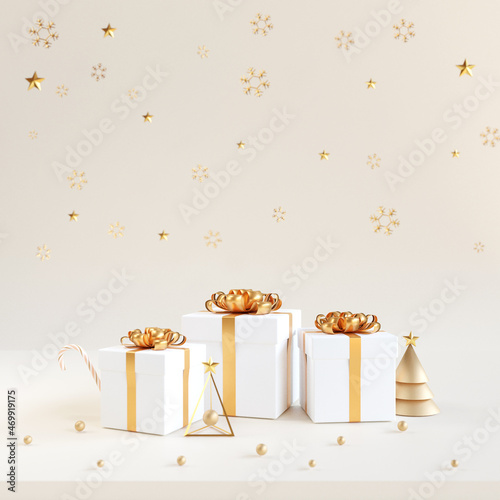 3d render white gift box with gold ribbon on white background. Merry Christmas and happy new year concept.