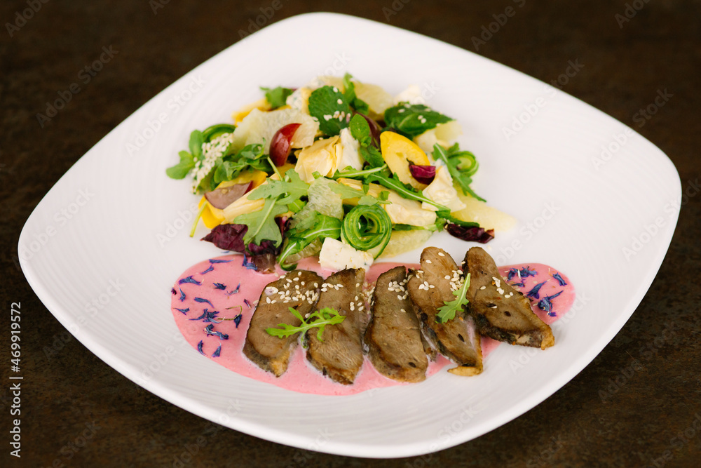 Luxury beautiful restaurant meal in white dish Luxury beautiful restaurant meal in white dish