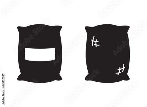 Bag with label, silhouette icon. Textile packing of cement, potatoes, grain, soil. Black simple vector. Contour isolated pictogram on white background