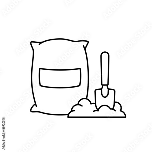 Bag and pile with stuck shovel. Linear icon of textile packing of flour, cement, grain, soil, fertilizer. Outline simple vector. Contour isolated pictogram on white background