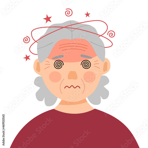 Senior woman having dizzy symptom in flat design. Old female feeling vertigo or fainting. Dizziness illness.