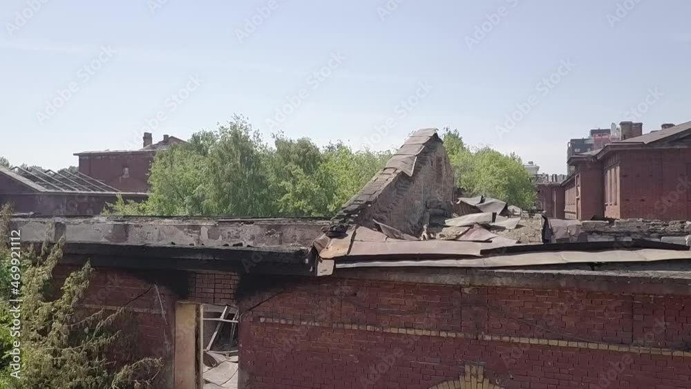 Military town Irkutsk. Burnt barracks. IVATU. Buildings after the fire. Summer drone shooting. view from above Military town Irkutsk. Burnt barracks. IVATU. Buildings after the fire. Summer drone shooting. view from above