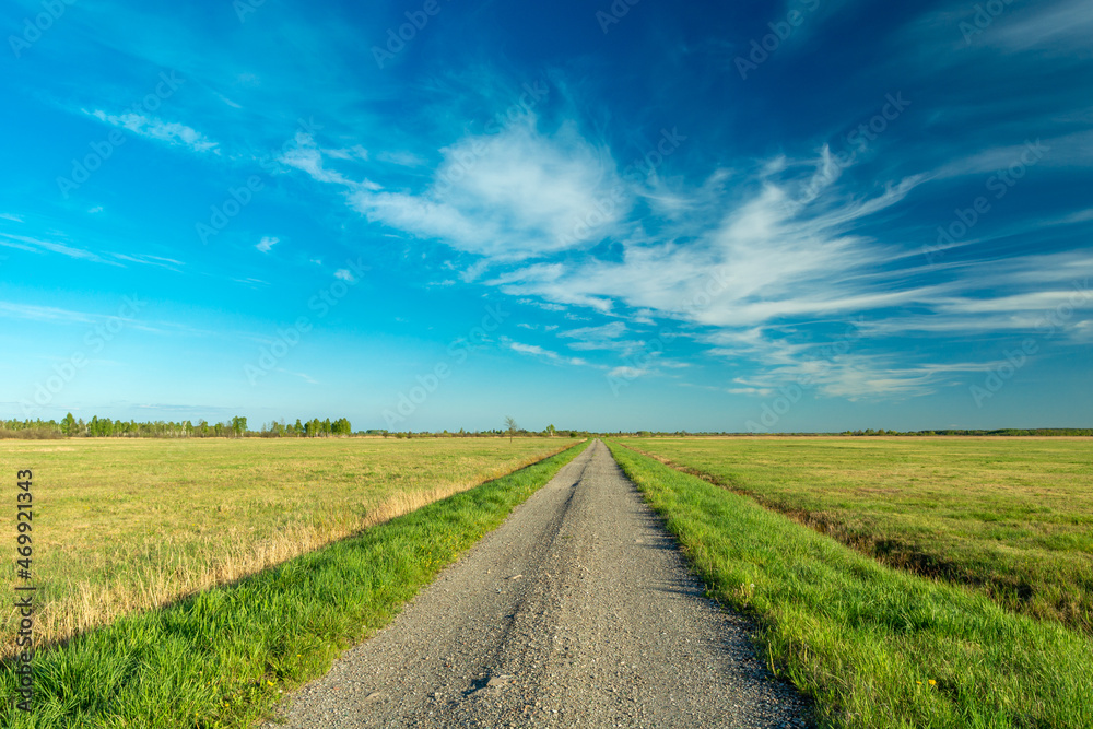 Gravel road through meadows and blue sky