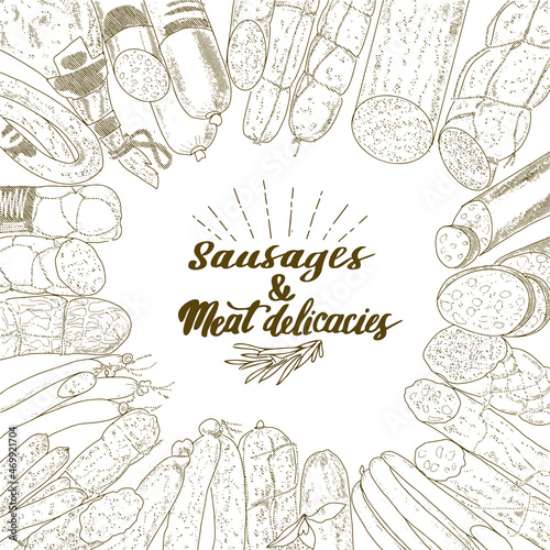 Frame background of sausage products. Sausages, bacon, lard, salami in sketch style.