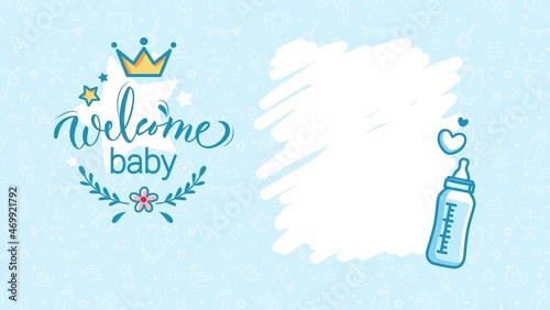 Baby shower invitation template. Hello baby boy vector illustration. Birth party background.
