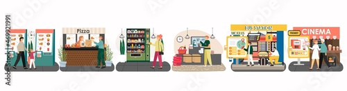 Vending machine, travel and cinema tickets, restaurant food and drink kiosks, supermarket self-service cashier, vector.