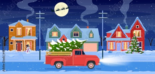 Christmas card design of car with tree on the top