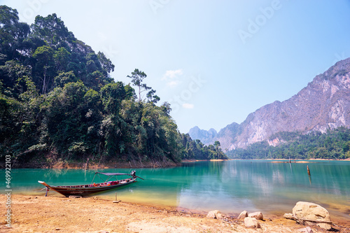 Khao Sok National Park, Surat Thani, Thailand. It includes Cheow Lan Lake contained by the Ratchaprapha Dam. It is the largest area of virgin forest in southern Thailand and a remnant of rain forest.