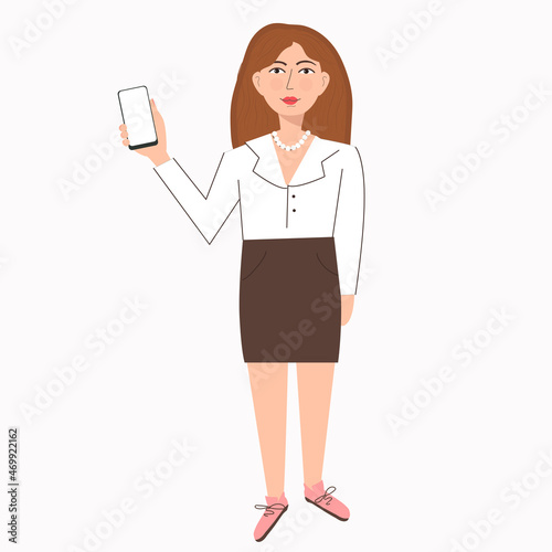 Bright beautiful young woman with mobile phone, front view. Photographing, reading, chatting. Smartphone and internet addiction. Vector flat illustration on white background