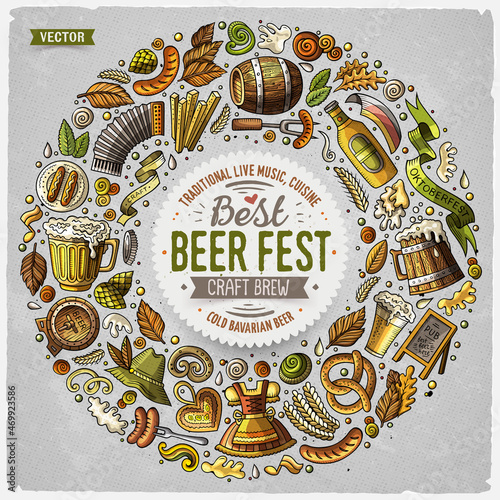 Set of Beer fest cartoon doodle objects round frame