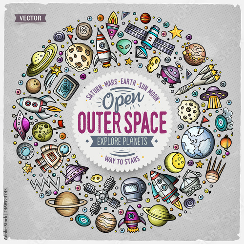 Set of space cartoon doodle objects, symbols and items