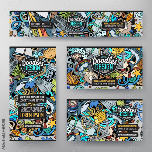 Cartoon vector doodle set of Diving corporate identity templates