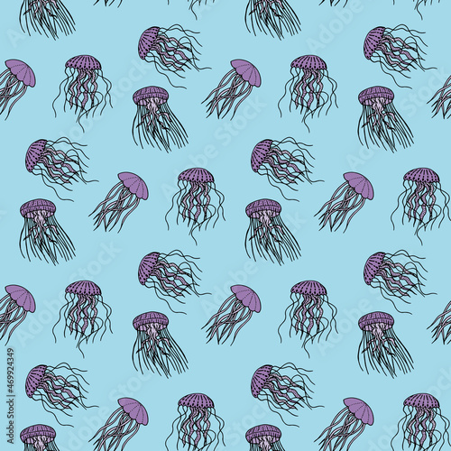 Seamless pattern with violet jellyfish on light blue background. Vector image.