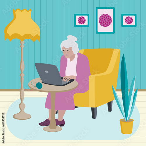 Elderly woman, grandmother with computer, laptop sitting in chair at home. Vector illustration