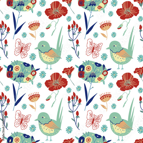 Seamless vector pattern with birds  flowers and butterflies on isolated background.Decorative festive repeating bright print in flecked style.Design for textiles wrapping paper packaging fabric.