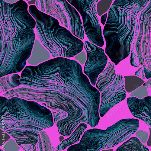 Bright colorful kintsugi style seamless pattern with stone grunge texture. Trendy abstract psychedelic textured background with wavy forms. 